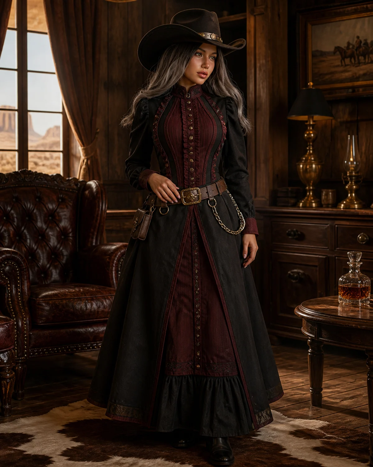 Celine in a fully clothed black and oxblood frontier styling concept