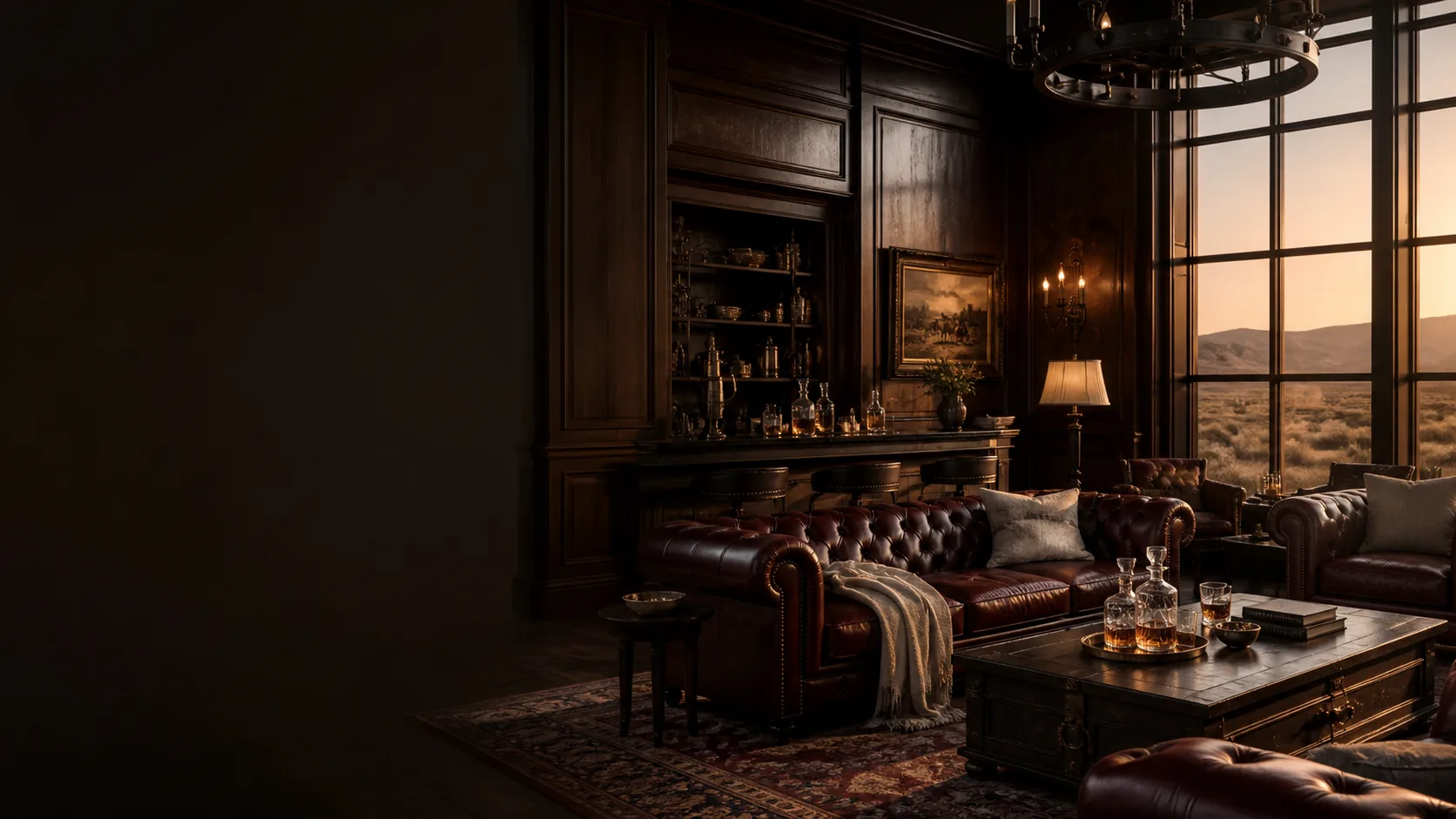 A dark walnut frontier salon with oxblood leather and desert light