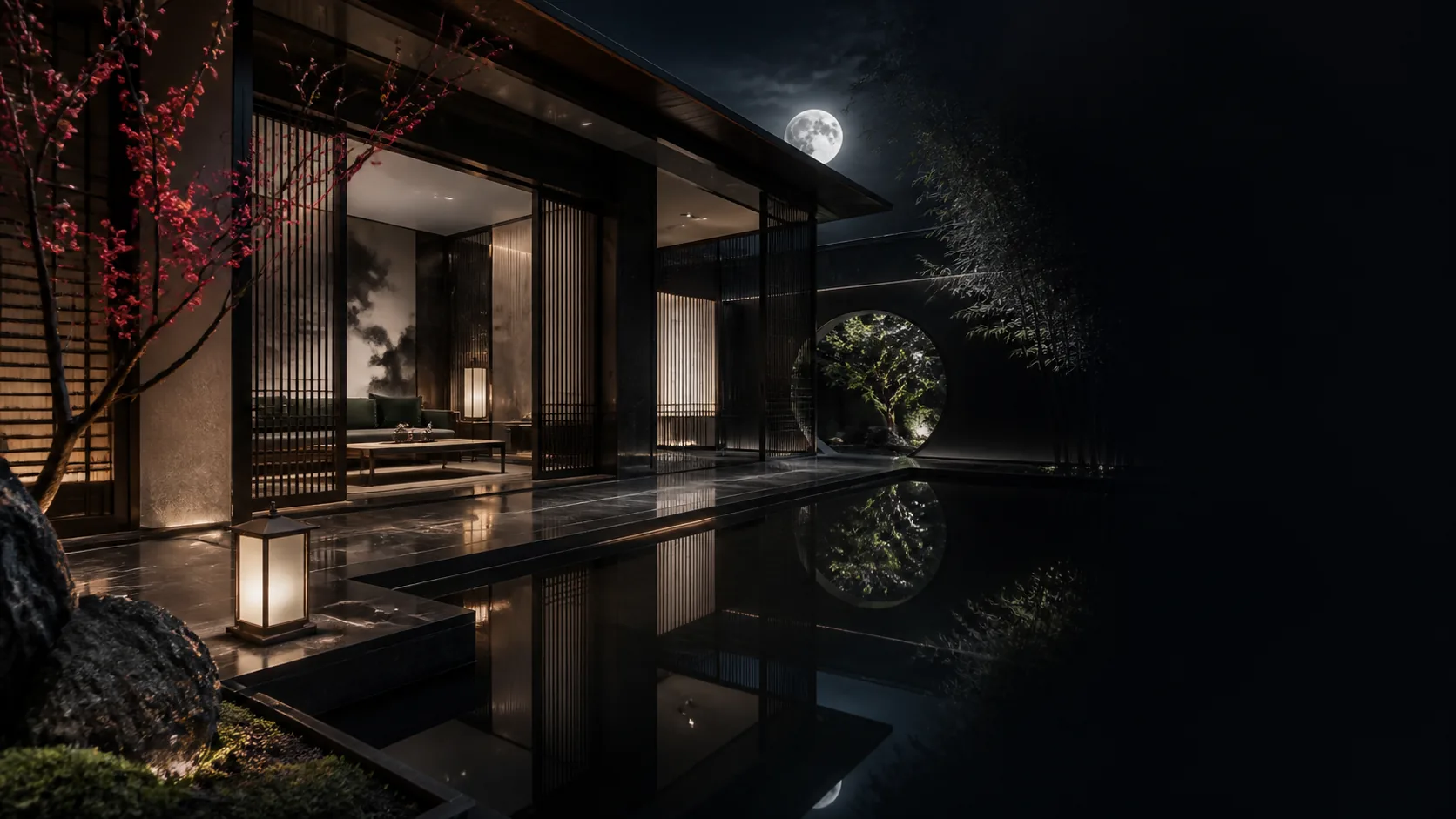 A moonlit contemporary pavilion with lacquer screens and a reflecting garden