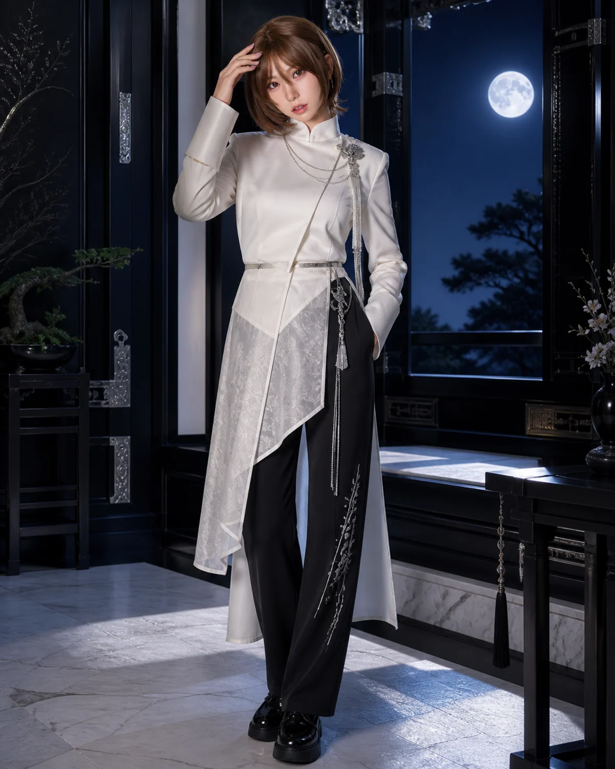 Suki in fully clothed ivory and ink-black moonlit tailoring