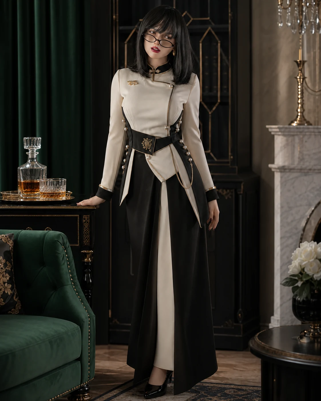 Miya presented in a fully clothed ivory and black private salon styling concept beside a crystal decanter and glass of bourbon