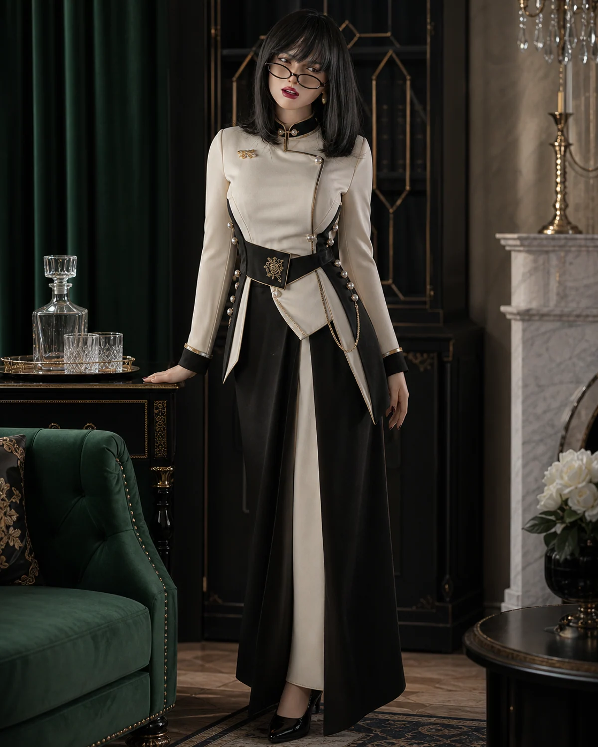 Miya presented in a fully clothed ivory and black private salon styling concept