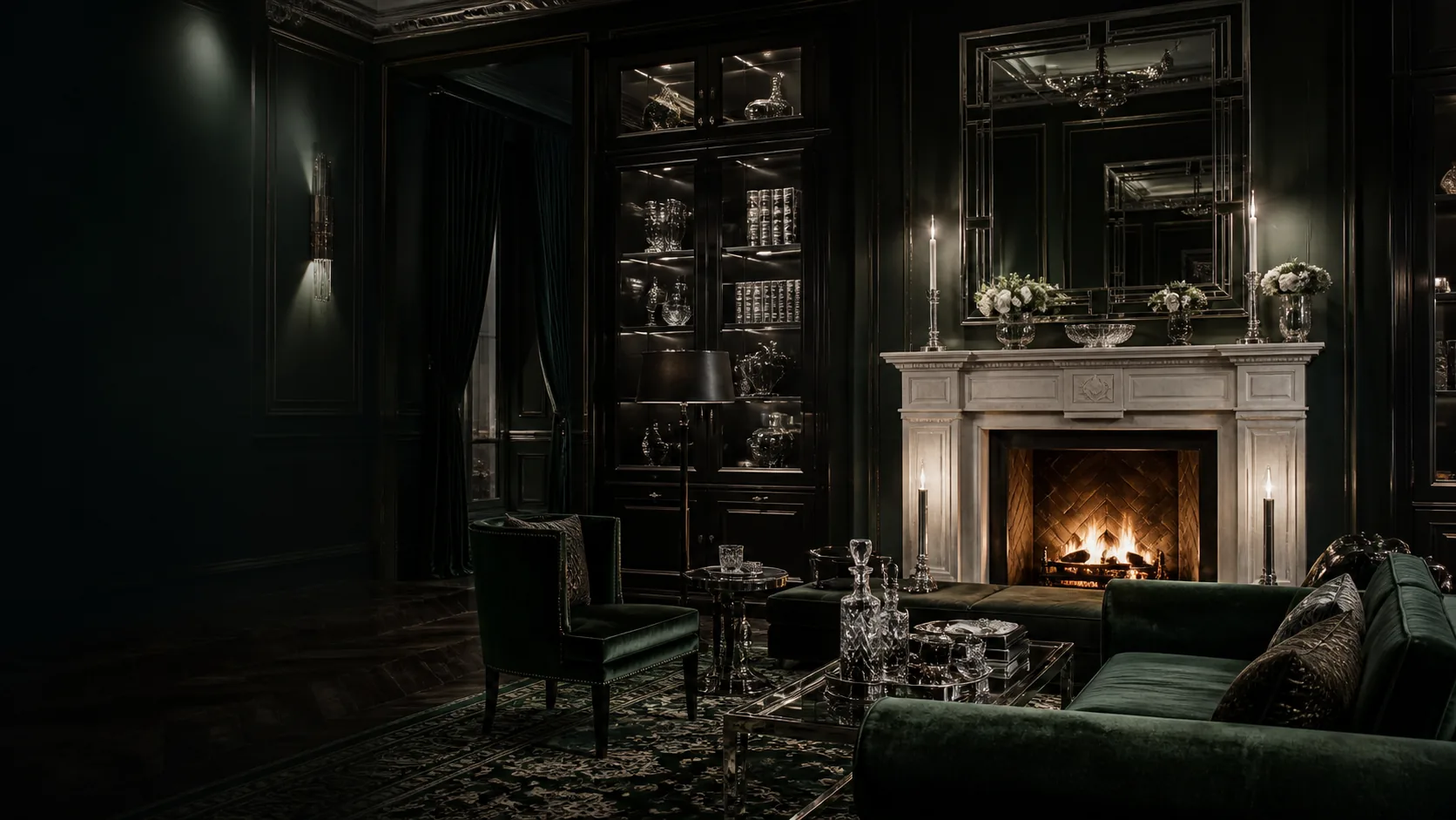An illustrated green salon, part of the Duchess Doll brand's visual setting